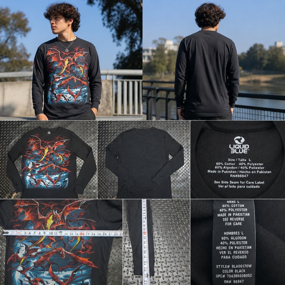 Liquid Blue Dragon Graphic Thermal Shirt Mens Large Black Long Sleeve 9LA00170W